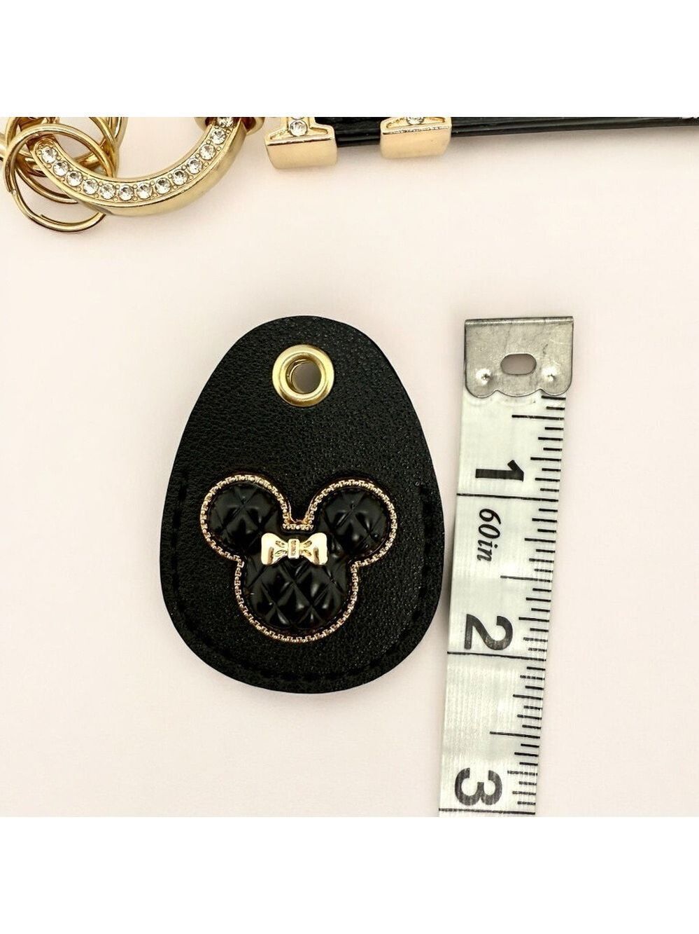 Black Leather Minnie Mouse with Wrist Strap Gold Key Fob Keychain Bag Charm - Picture 6 of 6